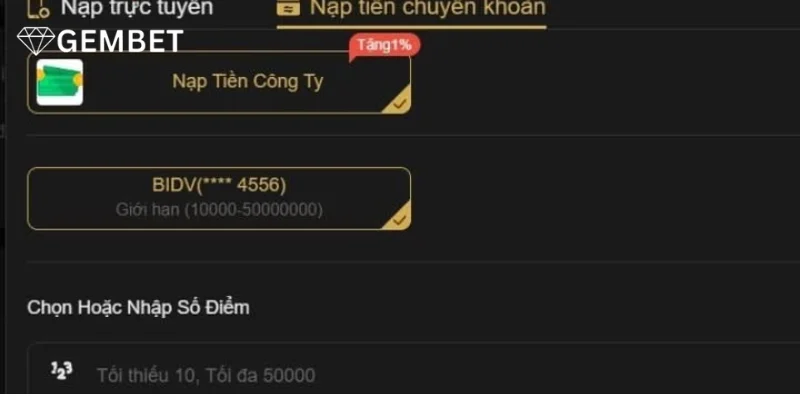 Nạp tiền Gembet thành công bằng kênh chuyển khoản.